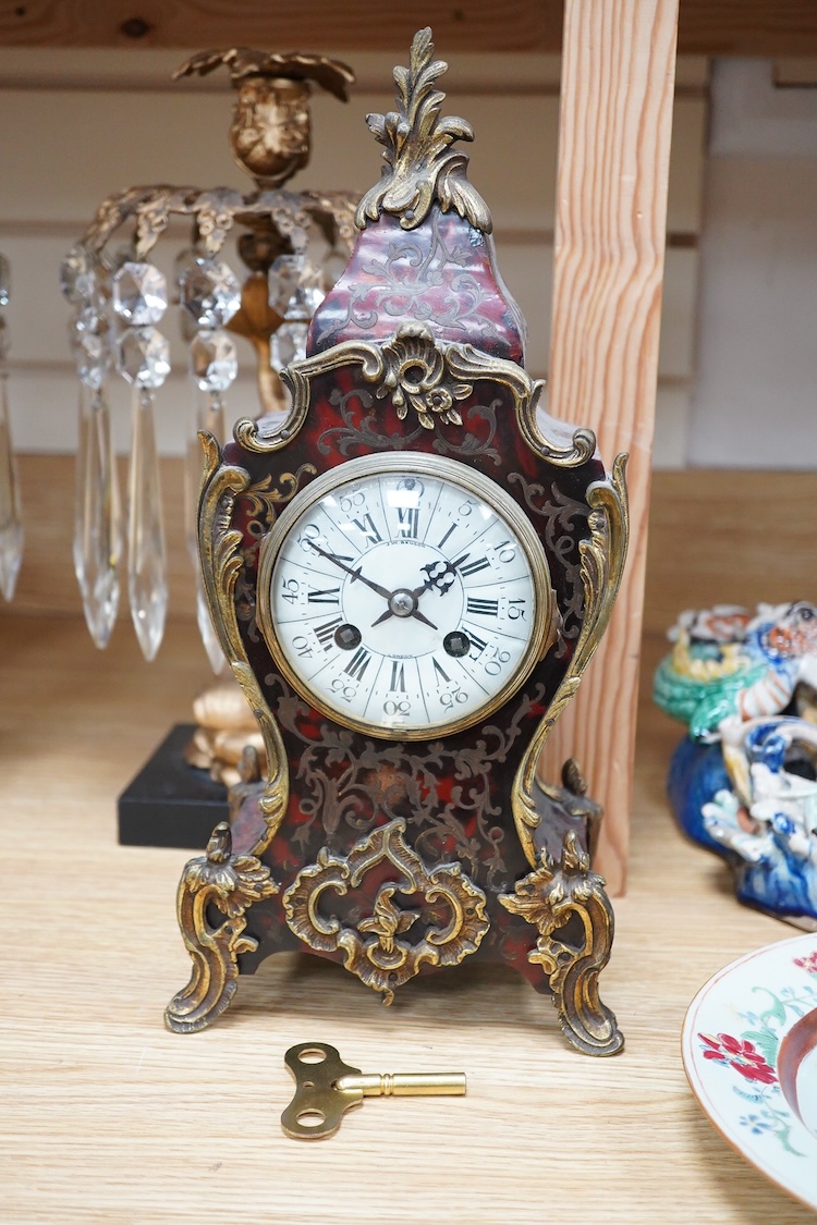 A late 19th century gilt metal mounted Boulle work mantel clock, J. W. Benson, London, with pendulum and key, 36cm high